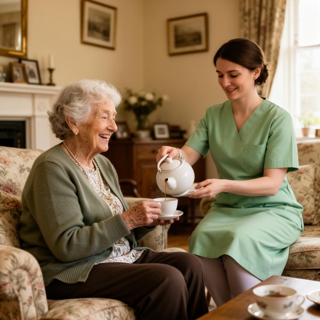 Carer pouring tea for a smiling elderly woman in her living room